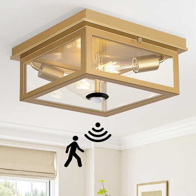 Lynnoland Motion Sensor Outdoor Ceiling Light with Remote, 12.2 Inch Gold Flush Mount Porch Light Fixture with United Glass Cover, 5 Modes Outside Flush Mount Light for Porch, Garage, Patio, Entryway