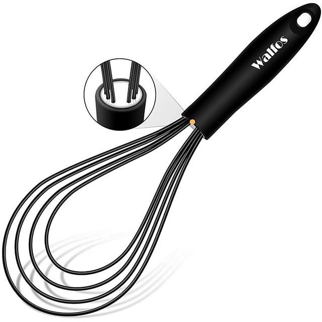 Flat Silicone Whisk, Walfos 11'' Wires Silicone Whisk for Blending Beating Stirring and Kitchen Cooking（black）