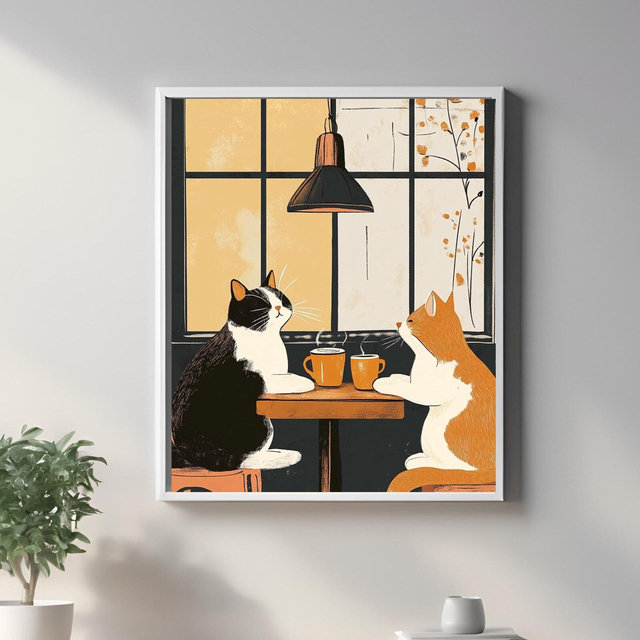 Funny Cat Coffee Wall Art for Tabby and Tuxedo Cat Owners Vintage Cat Cafe Print Black Cat Coffee Poster Unique Funny Animal Kitchen Decor