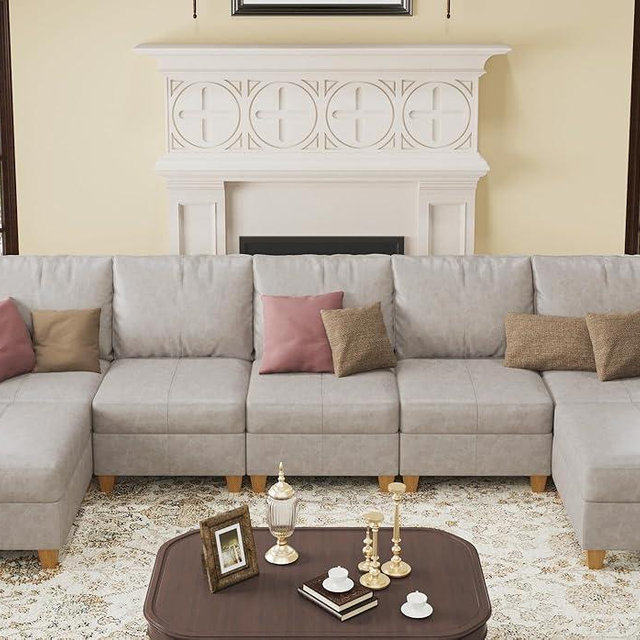 EASE MOOSE Faux Leather Sectional, Modular Sectional Sofa with Storage, Leather Couch U Shaped Couches for Living Room, Whitesand