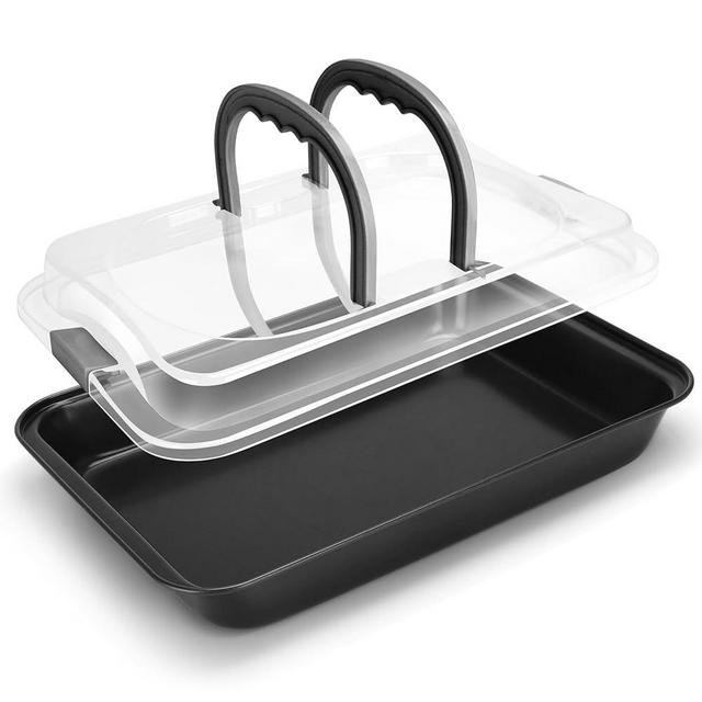 EsOfficce Cake Pan With Lid, 9x13 Inch Rectangular Cake Pan with Wide Handles, Nonstick Bakeware Baking Pan With Lid and Handle, Black