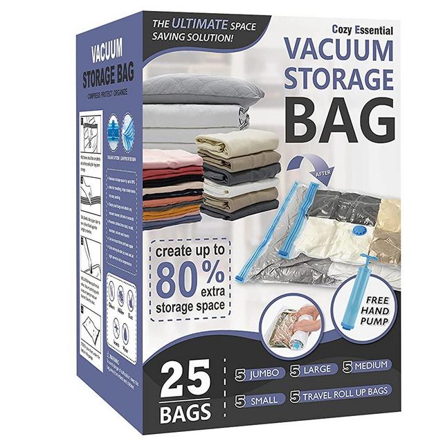 25 Pack Vacuum Storage Bags, Space Saver Bags (5 Jumbo/5 Large/5 Medium/5 Small/5 Roll) Vacuum Storage Bags for Comforters and Blankets, Vacuum Sealer Bags for Clothes Storage, Hand Pump Included