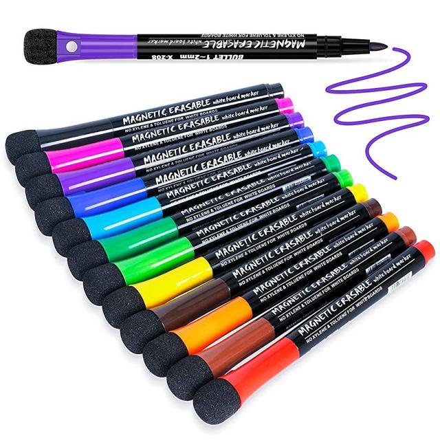 Magnetic Dry Erase Markers Fine, 12 Colors White Board Markers Dry Erase Marker with Eraser Cap, Low Odor Whiteboard Markers Fine Tip Dry Erase Markers for Kids Teachers Office & School Supplies