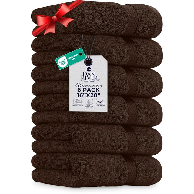 DAN RIVER 6-Pack Premium Hand Towels (16x28 Inches) - 100% Cotton, Ultra Soft, Lightweight, Highly Absorbent Towels for Bathroom, Spa, Gym, Salon, Hotel, and Travel - 550 GSM – Brown