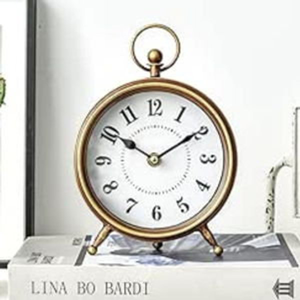 Small Gold Table and Shelf Desk Clock,Vintage Small Table Clock on Stand, Decorative Desk and Shelf Clock Farmhouse Mantel Non-Ticking Clock Rustic Metal Frame with Antique Gold Finish