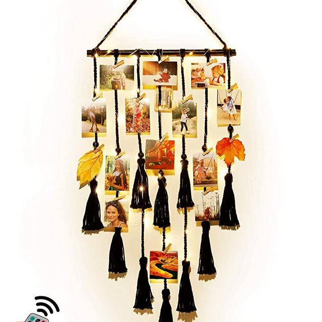 Hanging Photo Display Macrame Wall Decor, Picture Frames Collage Board with Remote Control Light and 30 Clips, Boho Gift Home Decor for Dorm Bedroom (Black)