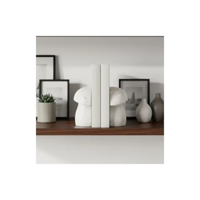 Decorative Mushroom Marble Bookends - Modern Elegant Book Ends for Bookshelf, Office Spaces, or Desk Decoration - Set of 2, 6", White