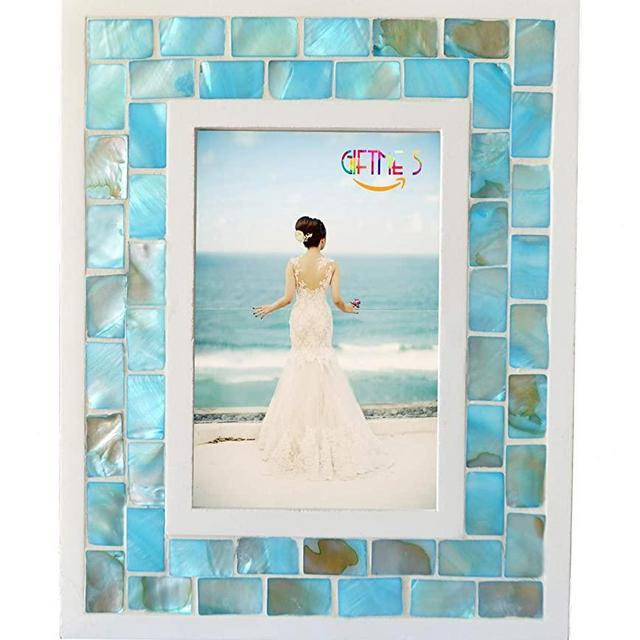 GIFTME 5 Picture Frame 5x7 Mother of Pearl Mosaic Photo Frame,Beach Tabletop or Wall Hanging Picture Frame(5x7 inch, Blue,1pc)