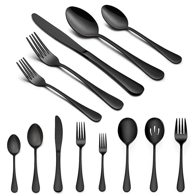 LIANYU 23-Piece Black Silverware Set with Serving Utensils, Stainless Steel Black Flatware Set for 4, Elegant Cutlery Tableware Includes Forks Spoons Knives, Mirror Polished, Dishwasher Safe