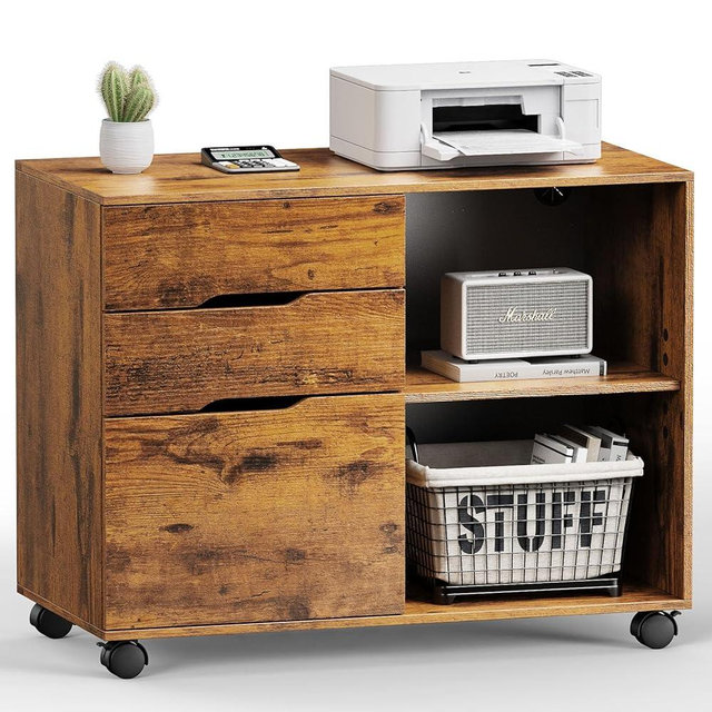 DUMOS Lateral File Cabinet with 3 Drawers Rolling Filing Cabinets Under Desk Storage Printer Stand Wood Organizer with Wheels Adjustable Shelf for Office Home Small Space, Brown