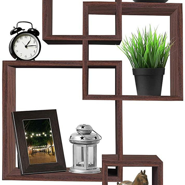 Greenco 4 Cube Intersecting Wall Mounted Floating Shelves Walnut Finish