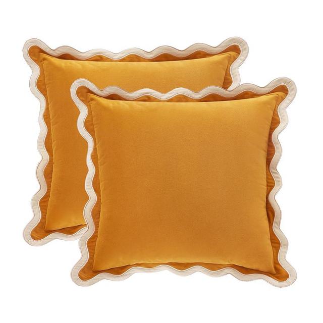 MONDAY MOOSE Decorative Throw Pillow Covers Cushion Cases, Set of 2 Soft Velvet Scalloped Wavy Edge Designs, Mix and Match for Home Decor, Pillow Inserts Not Included (Cream/Yellow, 18x18 inch)