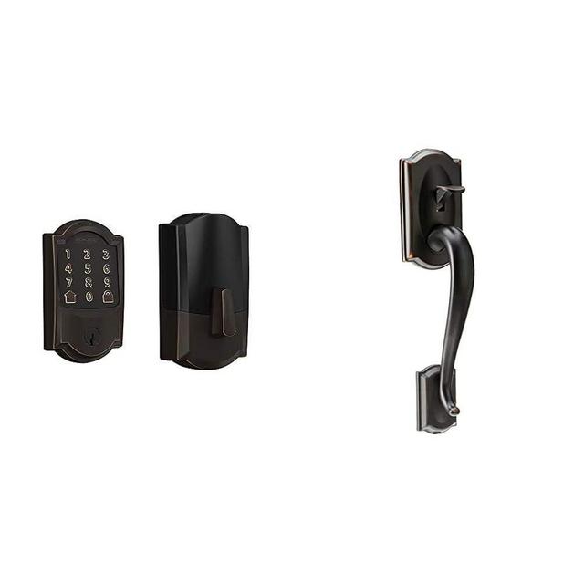 Schlage Lock Company BE489WB CAM 716 Schlage Encode Smart WiFi Deadbolt with Camelot Trim in Aged Bronze, Company Camelot Front Entry Handle Georgian Interior Knob (Aged Bronze)