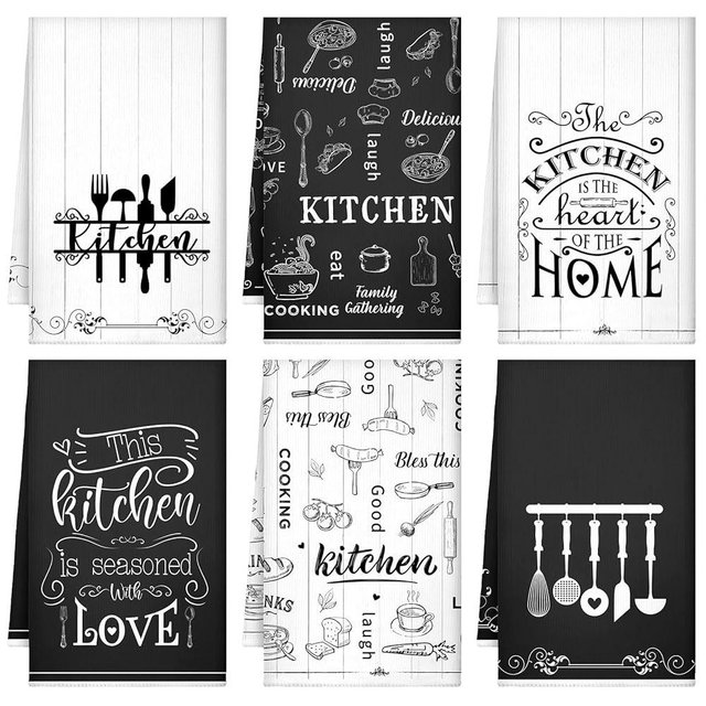 Bencailor 6 Pcs Kitchen Towels Sets Decorative Dish Towels Absorbent Fast Drying Hand Cloths Hanging Reusable Cleaning Dishcloths for Cooking Housewarming(Black White,Food)