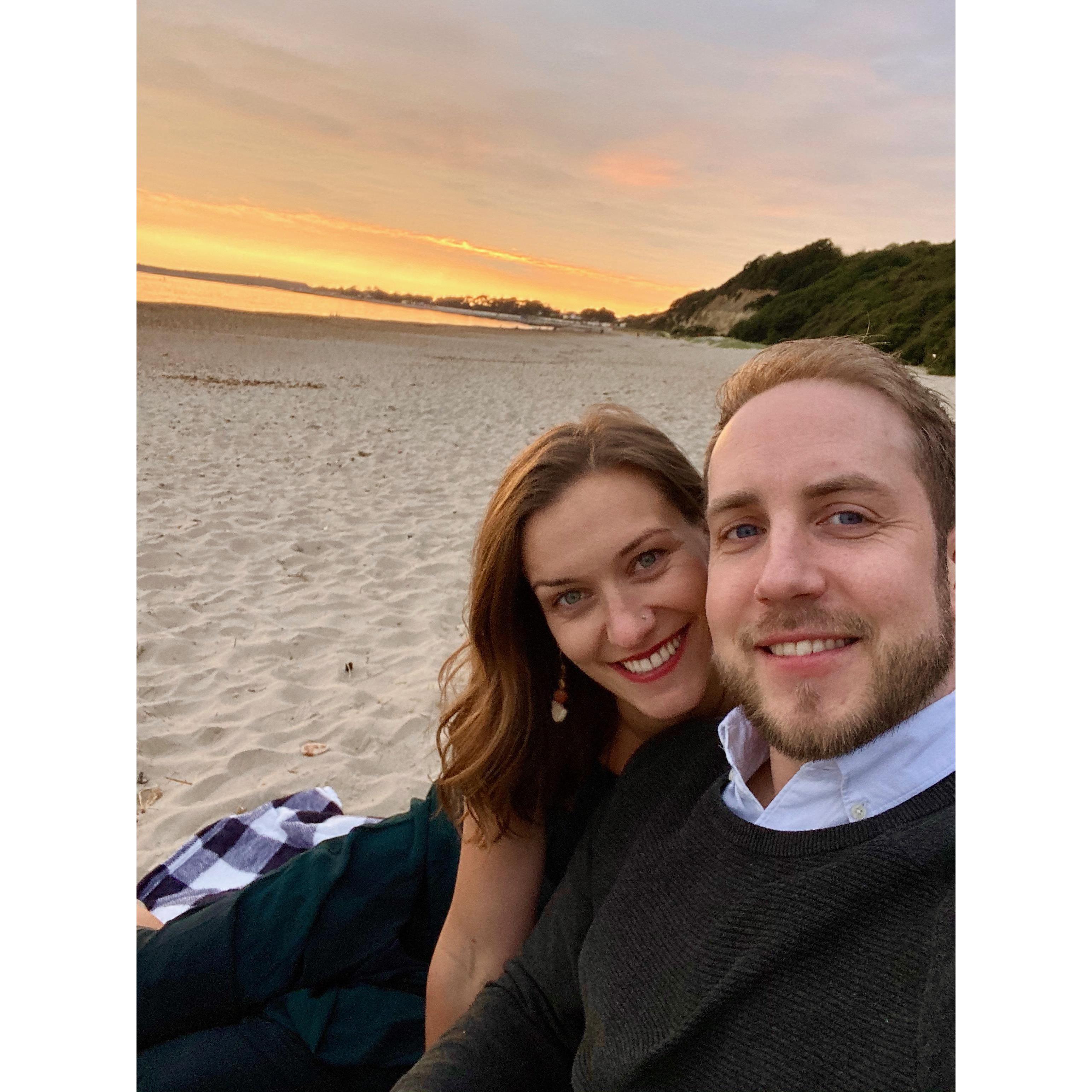 End of engagement photo day, sunset on the beach at Highcliffe!