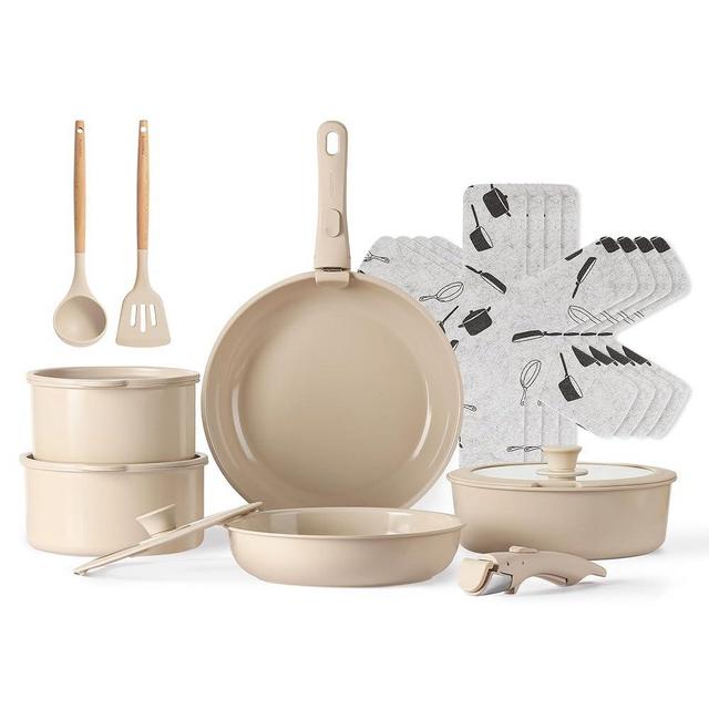 CAROTE 17pcs Pots and Pans Set, Ceramic Cookware Set Detachable Handle, Induction Nonstick Kitchen Cookware Sets with Removable Handle, Non Stick RV Cookware Set, Oven Safe Cookware Set, Taupe