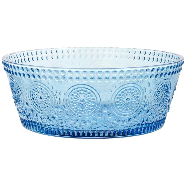 Boston International Vintage-Inspired Glass Serving Bowl with Embossed Floral Pattern for Salad Snacks Dinner, Large 7" x 2.75", Sky Blue Codi