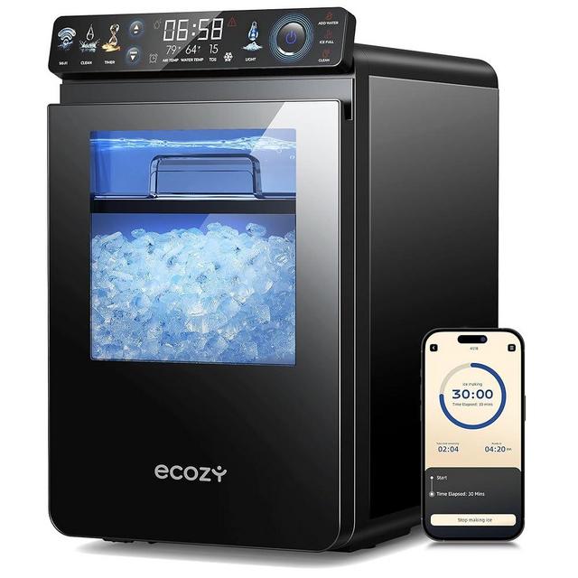 ecozy Nugget Ice Maker Countertop, Smart Pebble Ice Machine with APP Control, 44 lbs/24H Soft Pellet Chewable Ice with Self-Cleaning, Black