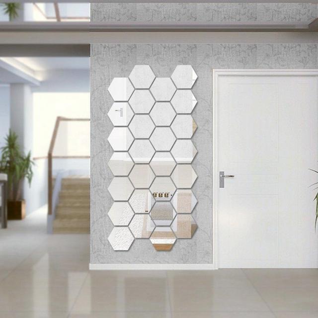 BLEUM CADE Hexagon Mirror DIY 12 PCS Geometric Hexagon Mirror Decoration 3D Mirror Wall Stickers Removable Hexagon Mirror Personalized Art Hexagonal Acrylic Mirror (16cm / 6.3inch, Silver)