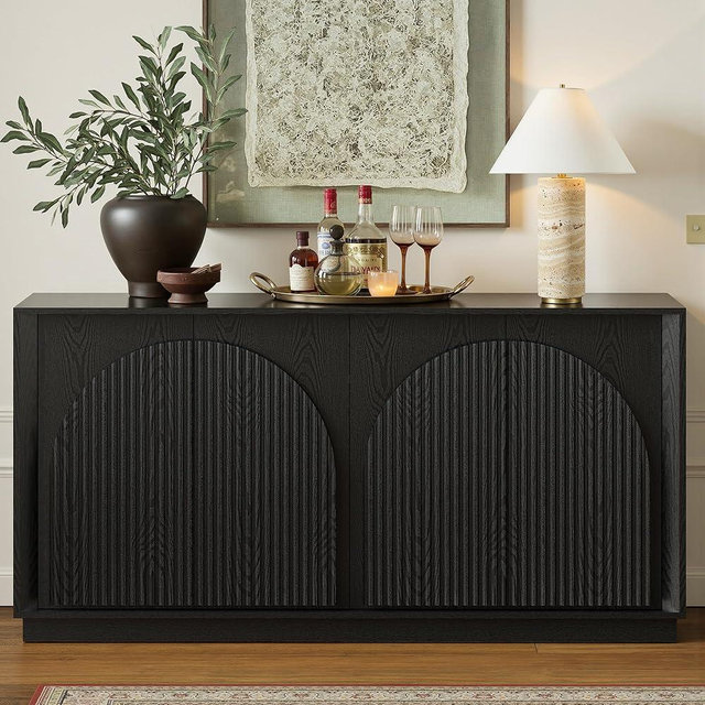 WIN2WIN 65" Fluted Sideboard Buffet Cabinet with Storage, Modern Credenza with Double-Layered Arch Doors, Wood TV Media Console Table Accent Cabinet for Living Room Dining Room Hallway Entryway, Black