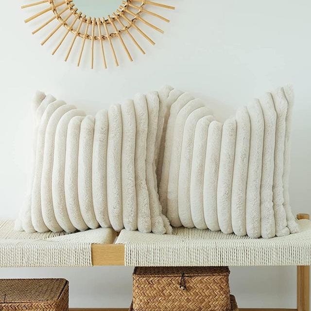 JOJUSIS Pack of 2 Faux Fur Plush Decorative Throw Pillow Covers Couch Cushion Case Soft Fluffy Pillowcases (Beige, 18 x 18-Inch)