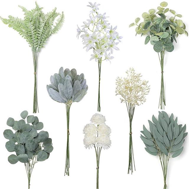 YXZZWL Artificial Greenery Stems Box Set，65 Pcs with 8 Kinds of Faux Greenery Branches Fake Eucalyptus for Wedding DIY Bouquets Floral Arrangement Table Centerpieces (Grey Green &Beige)