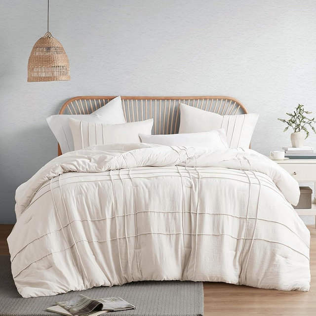 Comfort Spaces Neutral Full Size Comforter Set - 3 Pieces Pintuck Pleated Bedding Sets Full, All Season Lightweight, Extra Softness Pre-Washed Microfiber Full Bed Set, Shams, Full