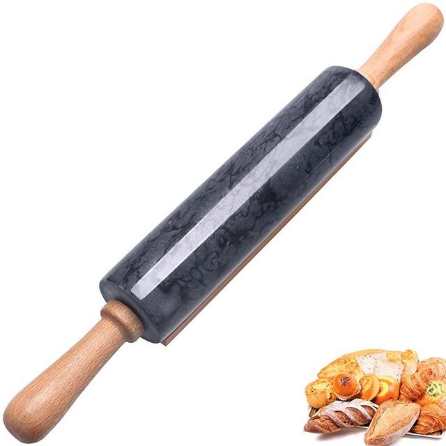 SIPARUI Marble Rolling Pin with Wooden Cradle Thick Handle Set for Baking,18.5 inch Premium Quality Polished Roller for Pizza Dough,Fondant,Pie Crust,Non-Stick Surface Easy to Clean(Black)