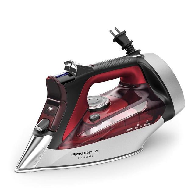 Rowenta, Iron, Focus Excellence Stainless Steel Soleplate Steam Iron for Clothes, Retractable Cord, 400+ Microsteam Holes, Powerful steam, LED Display, 1750 W Ironing Clothes, Cordreel, Red DW5433