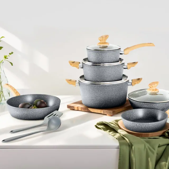 Captiva Designs 12-Piece Non-Toxic Granite Nonstick Cookware Set, Induction Compatible, Lightweight with Stay-Cool Bakelite Handle, Gray