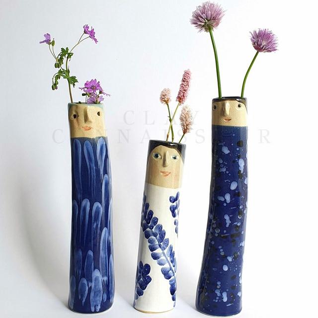 Creamy Blue Ceramic Bud Vases • Pottery Vases For Dried Flowers • Handmade Stoneware Face Vases • Plants Lover Gift Idea • Boho Home Decor