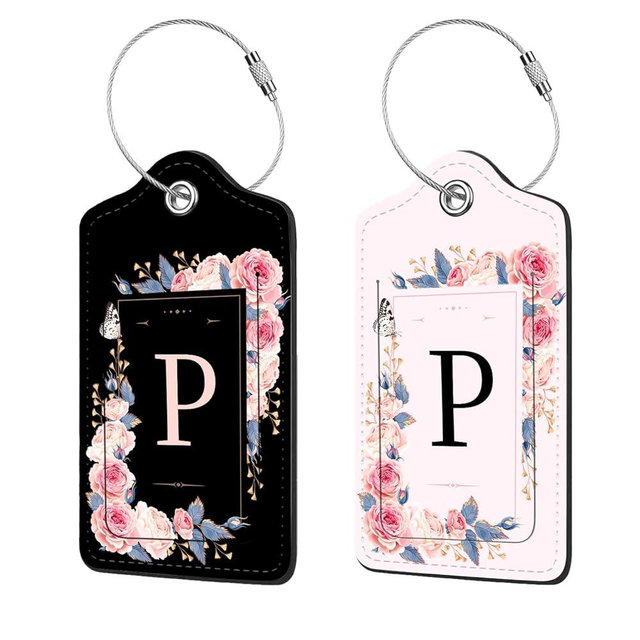 2 Pcs PU Leather Luggage Tag for Suitcases with Privacy Shield and Name ID Tag Address Card Travel Cruise Luggage Tag, Suitable for Men and Women Baggage Handbag Backpack,Flower and Monogram(Letter P