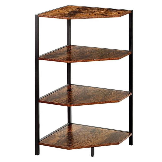 VECELO 31" Corner Shelf 4-Tier Display, Wood Storage Stand with Metal Frame, Multipurpose Shelving Unit for Small Space, Home Office, Rustic Brown