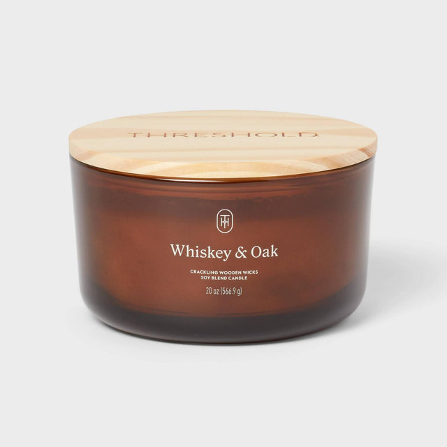 3-Wick Amber Glass Wooden Wick Whiskey and Oak Jar Candle 20 oz -Threshold™