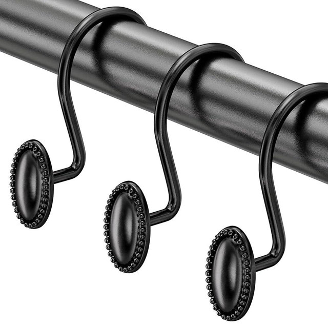 AmazerBath Black Shower Curtain Hooks, 12PCS Rust Proof Shower Curtain Rings, Decorative Modern Shower Curtain Hangers, Elliptical Heavy Duty Design Convenient for Bathroom Kitchen Wardrobe
