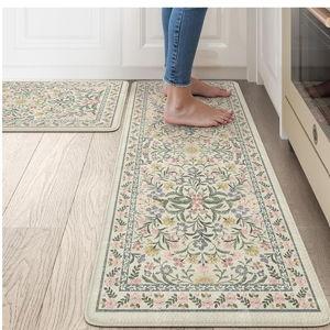 Collive Anti Fatigue Mat for Kitchen Floor, Spring Floral Kitchen Mats for Floor Set of 2, Beige Cushioned Waterproof Sink Rugs Non Slip Comfort Standing Rug for Office, Laundry, Desk