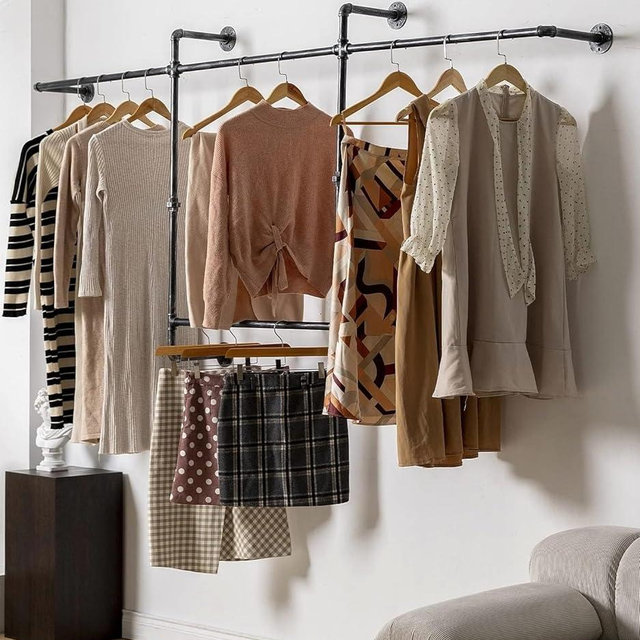Industrial Pipe Clothing Rack, Hanging Garment Rack, Wall Mounted Pipe Clothes Rack with Four Hanging Rods, Heavy Duty Garment Rack, Industrial Steampunk Closet Organizer Hall Tree (Metal Pipes-Black)