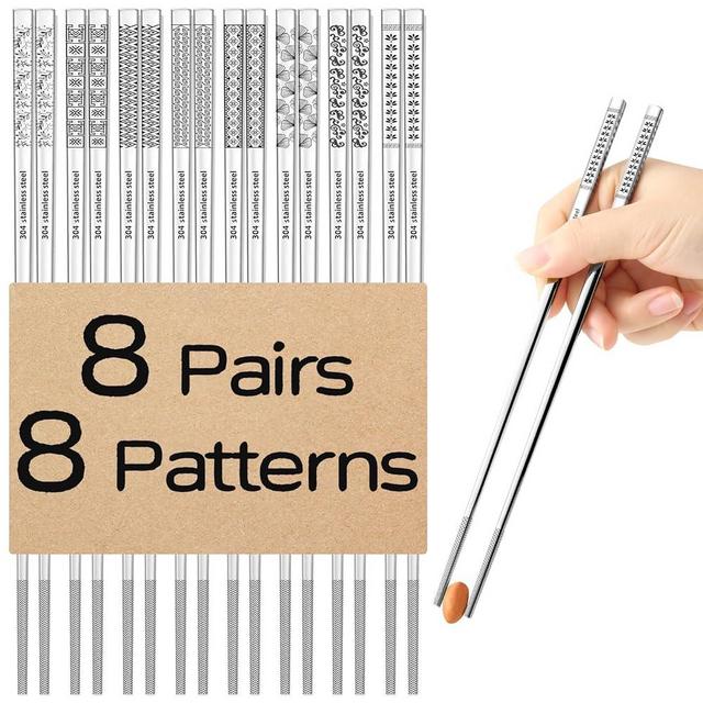 8 Pairs Metal Chopsticks Reusable 18/8 Stainless Steel Chopsticks Set Cute Laser Engraved Non-slip Japanese Korean Chinese Chopstick for Cooking Eating Dishwasher Safe 9.25" Chop Sticks Gift Set