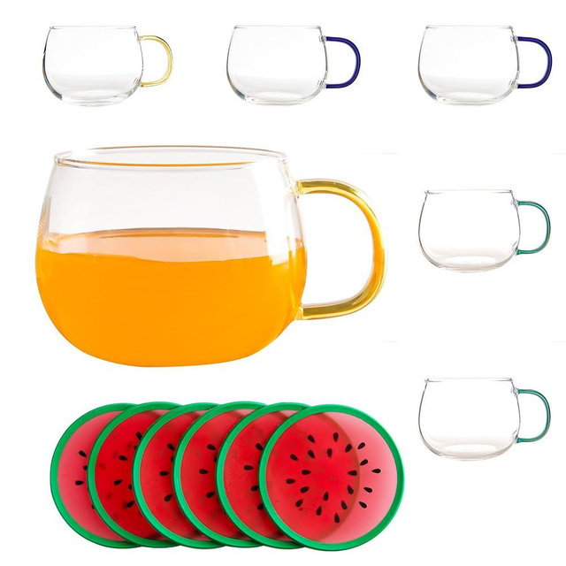 UMEIED 6-Pack 14Oz Crystal Glass Coffee Mugs with Handles, Durable Clear Cups for Latte, Espresso, Milk, Coffee and Iced Drinks (Multicolor)