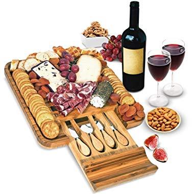 Bamboo Cheese Board and Knife Set, Wood Charcuterie Platter and Serving Meat & Cheese Board with Slide-Out Drawer for Cutlery, 4 Stainless Steel Knives and Server Set