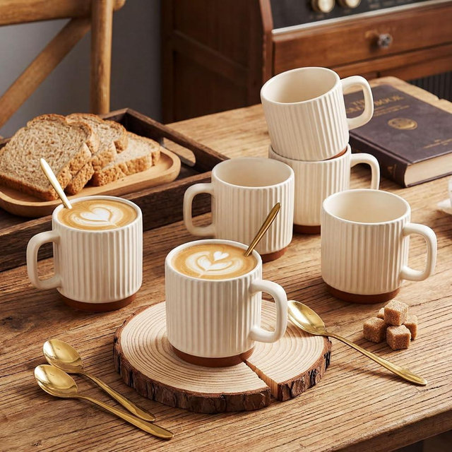 Ferrochef 12 Pcs Ceramic Coffee Mugs with Spoons Set, 6 Beige Textured Ceramic Mugs with Handle, Dishwasher Microwave Safe, Aesthetic Tea Mug for Home Office, Coffee Lover Gift