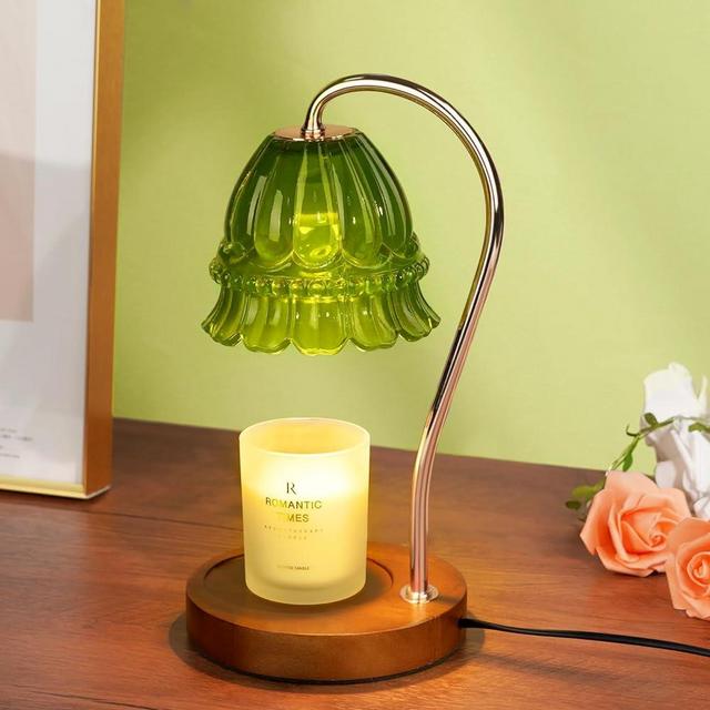 Glass Candle Warmer Lamp with Timer, Flower Candle Warmer Lamp, Birthday Gifts for Women, Mom, Female Friend, Candle Lamp Warmer Gifts, Electric Dimmable Candle Warmer Light, Vintage Home Decor, Green