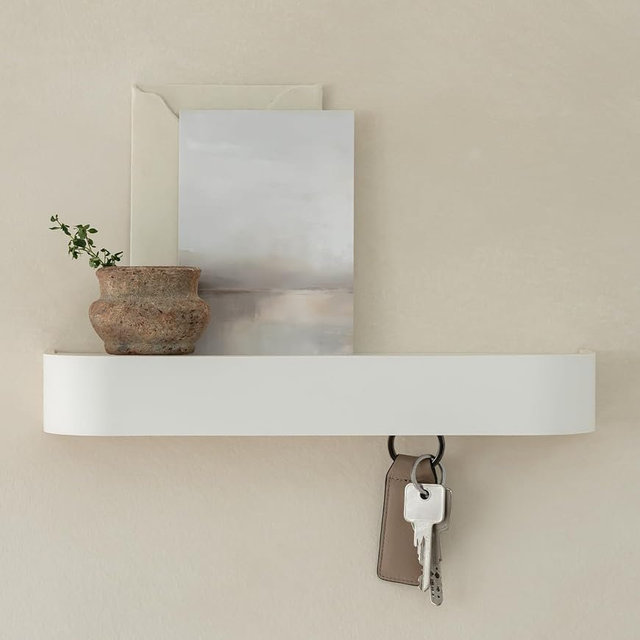 Kazai. Key Holder 'Toke' | Minimalist Key Hook Design from Berlin | Modern Key Holder Wall Mount with Wooden Shelf | Key Rack for Wall as Entryway Organizer | White