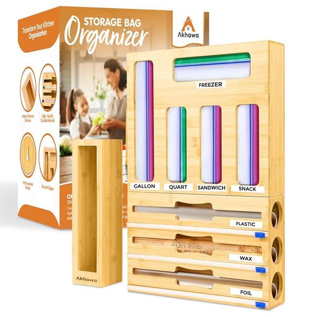 Akhawa Storage Bag Organizer for Kitchen Drawer and Wall - 9 in 1 Baggie Organizer for Foil and Plastic Wrap with Cutter - Food Organization with Labels for Quart, Gallon, Snack and Sandwich