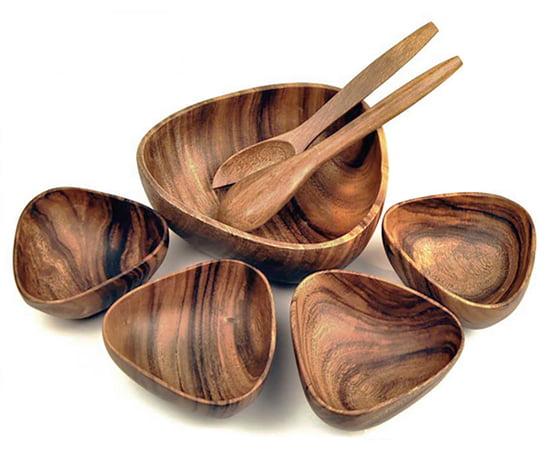 7-pc Acacia Bermuda 3-Sided Bowl, 10" with Set of 4 Bermuda 3-Sided Bowls, 6" and Salad Servers