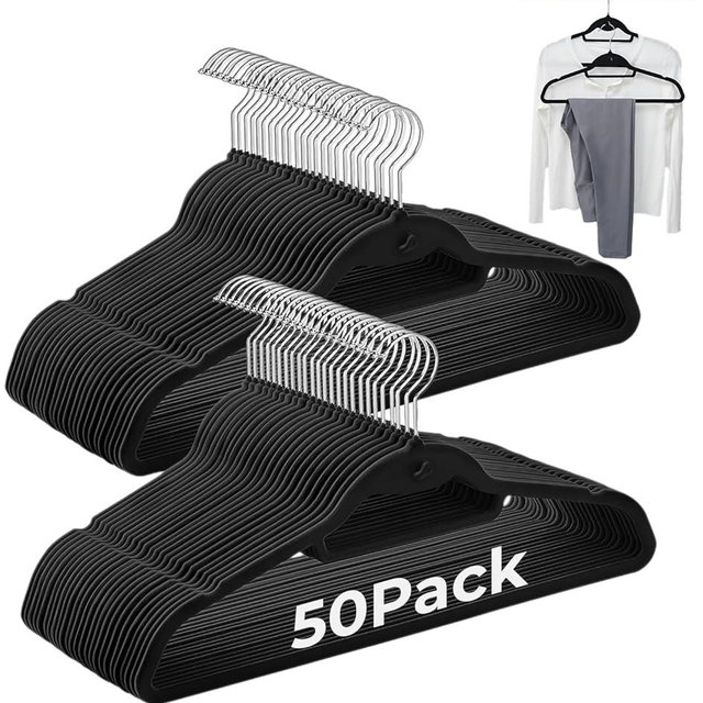 Limogoo Black Velvet Hangers 50 Pack, Felt Covered Non Slip Fabric with Stackable Cascading Hook, Ultra Thin and Space Saving with 360° Swivel Neck, 15Lbs Capacity for Clothes, Suit, Shirt, Coat
