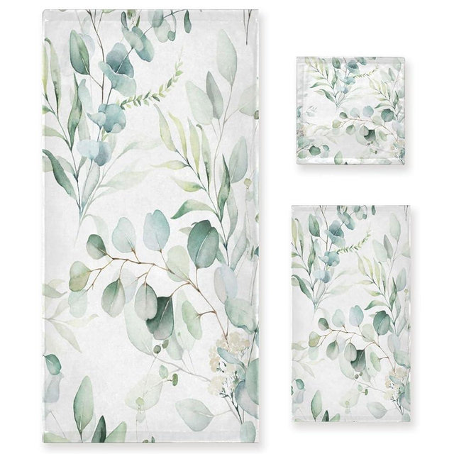 YOCIBIUT 3 Piece Sage Green Eucalyptus Bath Towels Set,Microfiber Absorbent Vintage Watercolor Leaves White Floral Towels for Bathroom,1 Bath Towel,1 Hand Towel,1 Washcloth,Decorative Bathroom Towels