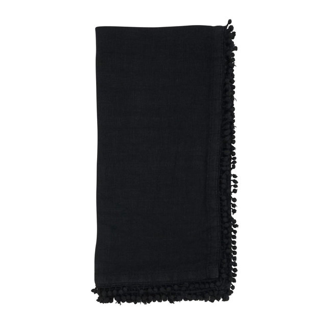 Saro Lifestyle 100% Linen Pompom Design Dinner Table Napkins , Black, 20" x 20"