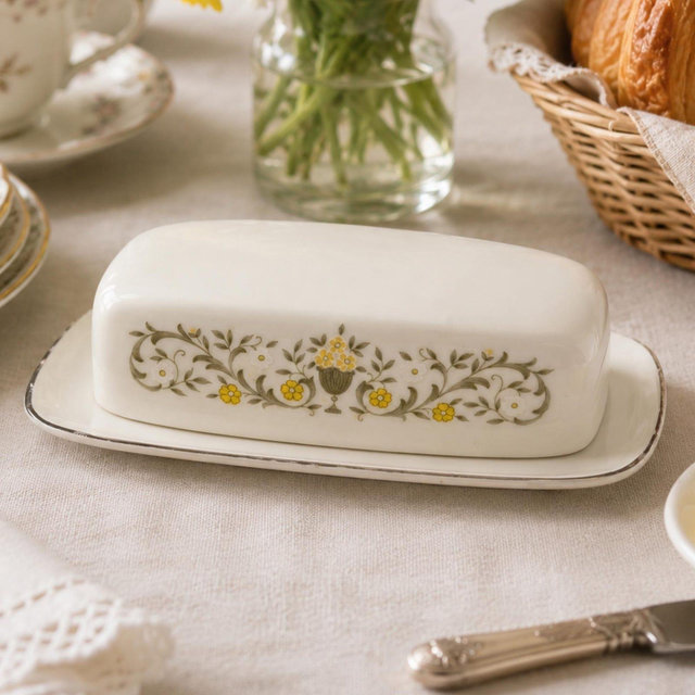 Vintage Porcelain Butter Dish – Florentine Fine China Japan Green & Yellow Floral with Silver Rim, Mid Century Tableware