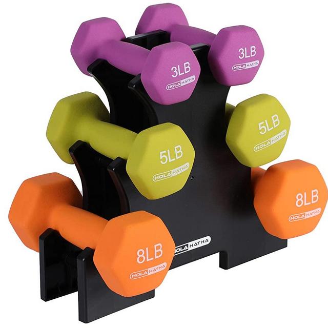 HolaHatha 3Lb, 5Lb & 8Lb Hex Dumbbell Set with Rack Stand, Ideal Strength Weight Training for Ladies, Women’s Weights Perfect Home Workout Gym Exercises for Muscle Toning Fitness